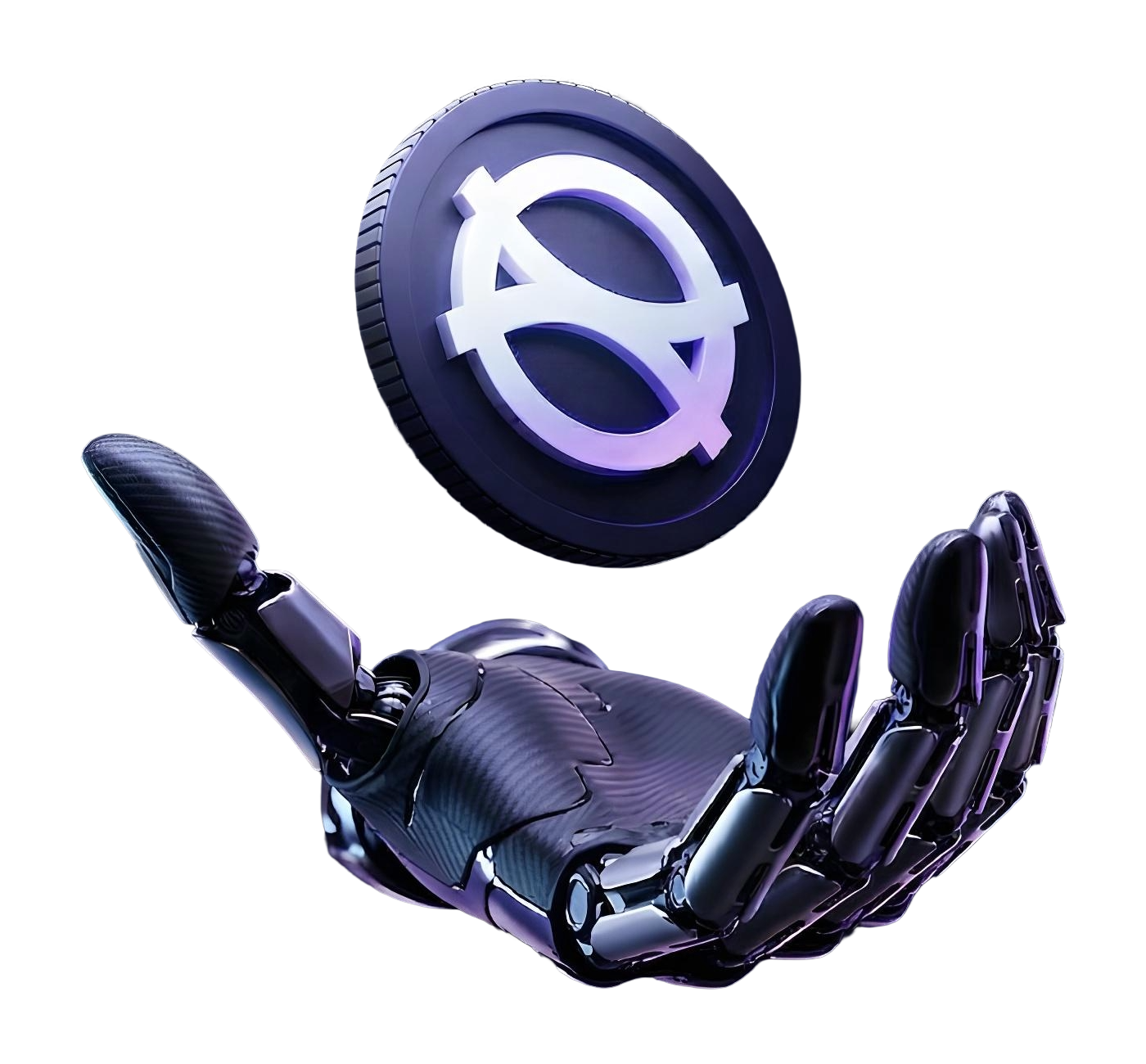 Robotic hand holding the IQF coin on a glowing pedestal